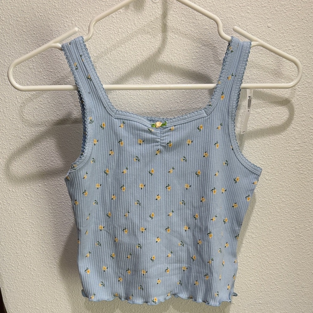 Blue Floral Ribbed Cropped Tank Top